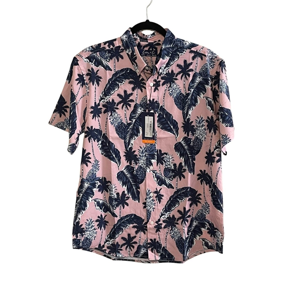 Cotton & Co Mens Pink Pineapple Palm Tree Short Sleeve Stretch Button Down M